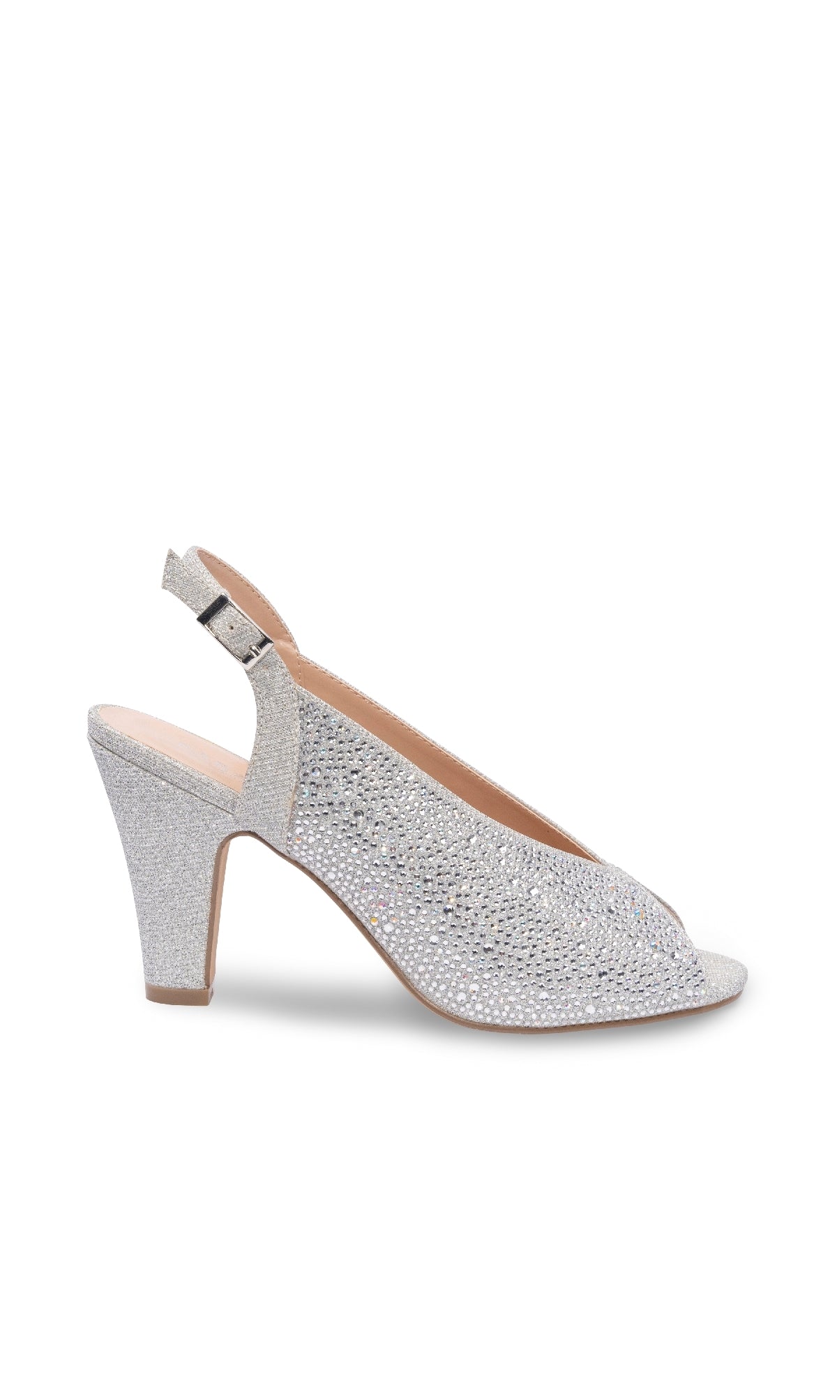 The Glory Silver Glitter Prom Shoes: Paradox London P2300 feature a slingback, peep toe, ankle strap, closed back, and textured surface—stylish high heels perfect for making a statement at prom.